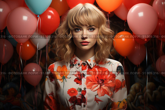 Portrait of a young blonde with expressive features against the background of balloons. The girl is wearing a stylish shirt with a bright floral print. The atmosphere of the shot combines a festive mood and light nostalgia. Suitable for themes: fashion, birthday, femininity, lifestyle, emotions, portrait photography. Стоковое AI-изображение, AI-художник Анна Кривицкая / Фотобанк Лори