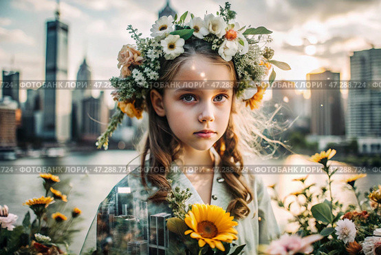 Portrait of a young girl. A conceptual artistic close-up shot against the background of a city with double exposure and visual effects. An advertising move. Стоковое AI-изображение, AI-художник Photojuli / Фотобанк Лори