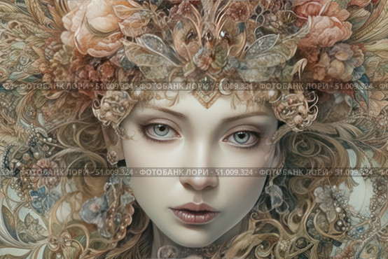 Portrait of a young girl in a fantastic Art Nouveau style. Her face is framed by a complex floral composition with petals, leaves, gemstones and elements of nature. Light skin, large expressive eyes and jewelry create the image of a fairy-tale creature or a forest fairy. The painting is permeated with a delicate palette and detail, creating an atmosphere of magic, beauty and sophistication. Ideal for book design, magazines, advertising products and art projects in the fantasy or mystic genre. Стоковое AI-изображение, AI-художник Анна Кривицкая / Фотобанк Лори