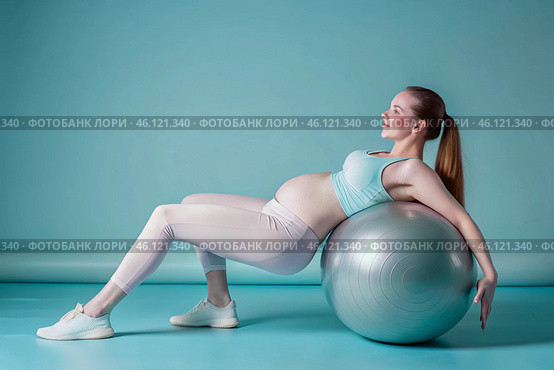 Portrait of a young pregnant woman working out with a fitball in the gym. Training and fitness, the concept of pregnancy and preparation for childbirth. Стоковое AI-изображение, AI-художник Photojuli / Фотобанк Лори