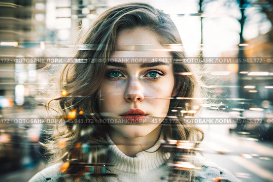 Portrait of a young woman. Conceptual artistic close-up image against the background of a city with double exposure and visual effects. An advertising move. Стоковое AI-изображение, AI-художник Photojuli / Фотобанк Лори