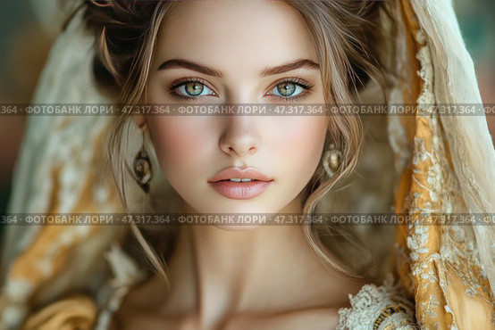 Portrait of a young woman with a captivating gaze. Her eyes are bright, green-blue, as if reflecting clear water and inner light. Her face is gentle and harmonious, with a slight blush on her cheeks, neat eyebrows and natural features. Her lips are softly closed, her expression is calm but confident. Her hair is gathered and framed with a golden-cream fabric with lace trim, creating a feeling of nobility and antiquity. The image combines beauty, dignity and mystery - as if she were a heroine from a distant era, but with a deep look into the future. Стоковое AI-изображение, AI-художник Анна Кривицкая / Фотобанк Лори