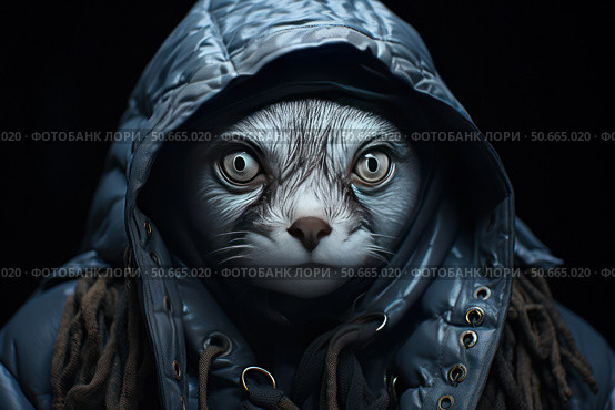 Portrait of an anthropomorphic cat in a hooded jacket and scarf. The animal has expressive eyes and realistic fur, and its clothes are stylized to match modern winter fashion. The background is dark, which emphasizes the drama and detail of the image. Ideal for use in fantasy-themed projects, street fashion, as well as in art design and advertising. Стоковое AI-изображение, AI-художник Анна Кривицкая / Фотобанк Лори