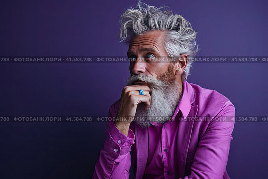 Portrait of an elderly man with a large gray beard and lush hair with a thoughtful look. Close-up. Generated by AI. Стоковое AI-изображение, AI-художник Ярославский Максим / Фотобанк Лори
