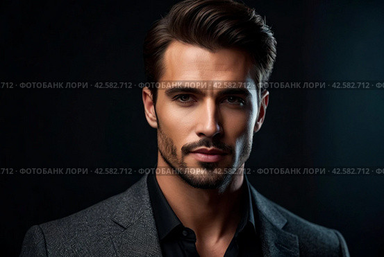 Portrait of an elegant stylish handsome man on dark background. Luxury studio fashion portrait. Guy looking assertive and interested. Concept of serious approach to your work and confidence in result. Стоковое AI-изображение, AI-художник Aleksandr Golubev / Фотобанк Лори
