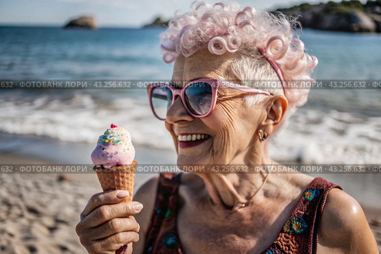 Portrait of an extraordinary, stylish, fashionable elderly woman, a pensioner of 70 years old, with ice cream in her hands on vacation on the beach by the sea. The concept of happy seniors and delicious desserts. Стоковое AI-изображение, AI-художник Photojuli / Фотобанк Лори