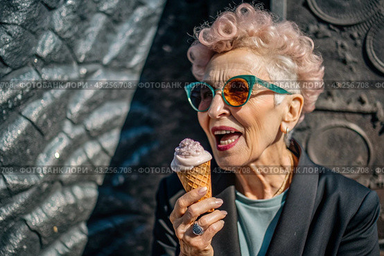 Portrait of an extraordinary, stylish, fashionable elderly woman, a pensioner of 70 years old, with ice cream in her hands on a city street. The concept of happy seniors and delicious desserts. Стоковое AI-изображение, AI-художник Photojuli / Фотобанк Лори