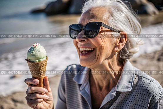 Portrait of an extraordinary, stylish, fashionable elderly woman, a pensioner of 70 years old, with ice cream in her hands on vacation on the beach by the sea. The concept of happy seniors and delicious desserts. Стоковое AI-изображение, AI-художник Photojuli / Фотобанк Лори