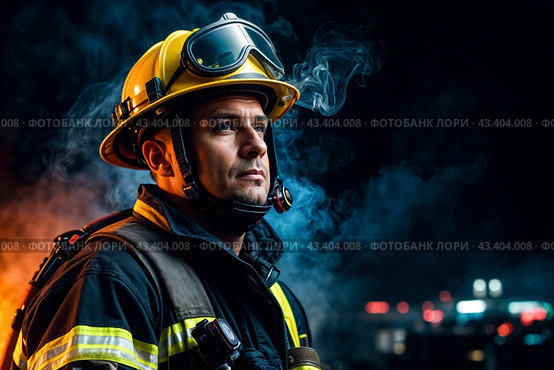 Portrait of concentrated fireman in firefighter uniform and helmet at dark urban background with smoke and blue light, looking away. Global earth fire problematic concept. Gen ai. Copy ad text space. Стоковое AI-изображение, AI-художник Aleksandr Golubev / Фотобанк Лори