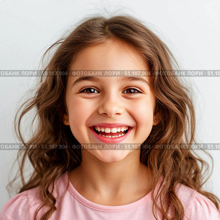 Portrait of cute happy girl with smile on face on white background. Стоковое AI-изображение, AI-художник Ирина Гильмуллина / Фотобанк Лори