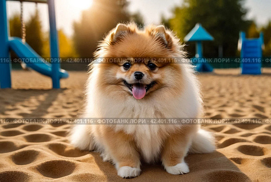 Portrait of fluffy puppy of Small German Pomeranian on dog playground. White funny little German Spitz dog playing on walk in nature, outdoors. Pet love concept. Copy space for site. Стоковое AI-изображение, AI-художник Aleksandr Golubev / Фотобанк Лори