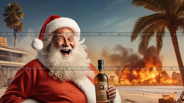 Portrait of laughing Santa Claus against the background of fire and destruction. .AI. Стоковое AI-изображение, AI-художник Виктория Кольцова / Фотобанк Лори