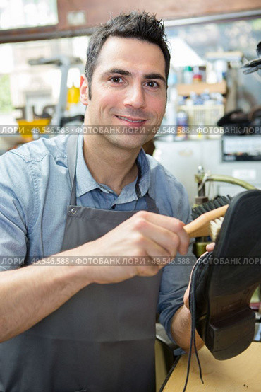 portrait of male cobbler using brush on leather shoe. Стоковое фото, агентство Ingram Publishing / Фотобанк Лори
