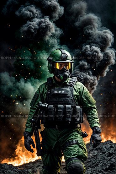 Portrait of male in uniform and helmet with weapon at explosion, smoke, fire sparks on black green background. Tactical units of police, military mission. Problems unrest concept. Copy ad text space. Стоковое AI-изображение, AI-художник Aleksandr Golubev / Фотобанк Лори