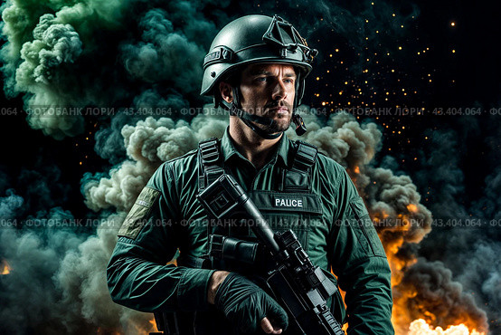 Portrait of male in uniform and helmet with weapon at explosion, smoke, fire sparks on black green background. Tactical units of police, military mission. Problems unrest concept. Copy ad text space. Стоковое AI-изображение, AI-художник Aleksandr Golubev / Фотобанк Лори