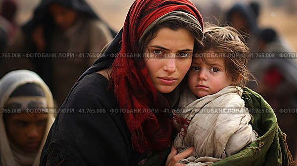 Portrait of Refugees on middle east looking at camera. Homeless people, unhappy and frightened, shawl camps,  Generative AI. Стоковое AI-изображение, AI-художник Анна Кривицкая / Фотобанк Лори