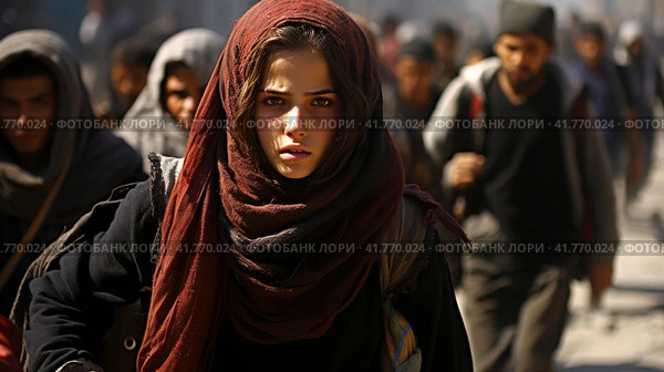 Portrait of Refugees on middle east looking at camera. Homeless people, unhappy and frightened, shawl camps,  Generative AI. Стоковое AI-изображение, AI-художник Анна Кривицкая / Фотобанк Лори
