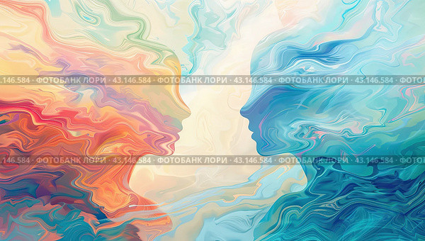 Portrait of two mysterious women from blue smoke. They look at each other. Стоковое AI-изображение, AI-художник Ярославский Максим / Фотобанк Лори