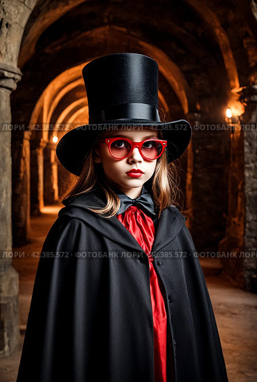 Portrait of vampire in cloak, top hat and blood glasses in underground castle room, looking at camera. Cover girl child actress in Dracula image indoors. Theatre performing concept. Copy ad text space. Стоковое AI-изображение, AI-художник Aleksandr Golubev / Фотобанк Лори