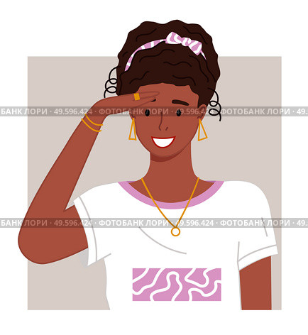 Portrait of young african woman with hairstyle, accessories looking forward. Smiling pretty black girl with golden earrings, necklace, ring on finger and bracelets. Happy afro female wearing t-shirt. Portrait of young african woman with hairstyle, accessories, smiling happy pretty black girl. Стоковая иллюстрация, агентство Ingram Publishing / Фотобанк Лори