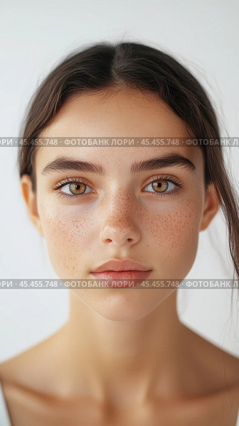 Portrait of young woman with natural freckles highlighting skin imperfections. Стоковое AI-изображение, AI-художник Sabyna75 / Фотобанк Лори