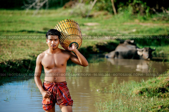 Portrait Young man topless use bamboo fishing trap to catch fish for cooking, Asian young farmer man in rural lifestyle, blurred buffalo is soaking in the swamp. in background. Стоковое фото, агентство Ingram Publishing / Фотобанк Лори
