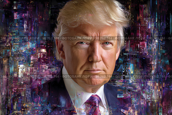 Портрет президента США Дональда Трампа на фоне футуристического городского пейзажа, стиль цифрового искусства, абстрактная живопись маслом. Стоковое AI-изображение, AI-художник Щеголева Ольга / Фотобанк Лори
