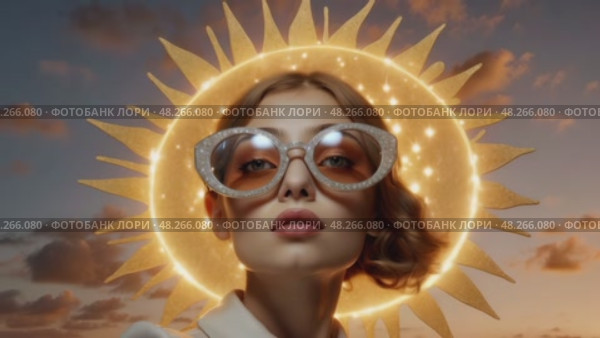 Портрет женщины в очках на фоне сияющего солнца. Стоковое AI-видео, аниматор Виктория Кольцова / Фотобанк Лори