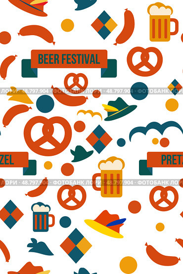Портретный бесшовный узор к Октоберфесту (Oktoberfest) и Пивному фестивалю (Beer Festival) с кружками пива, брецелями, сосисками и баварскими ромбами. Подходит для печати плакатов формата A4 и меню. Стоковая иллюстрация, иллюстратор Владислав Войтов / Фотобанк Лори