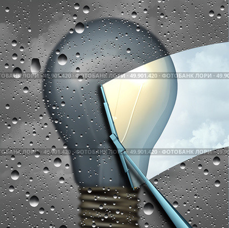 Positive thinking and eliinating negative outlook as a wiper clearing a cloudy wet window with a grey dark light bulb and a wiper cleaning it to expose a clean bright light as a solution and possibility icon as a 3D illustration. Стоковое фото, агентство Ingram Publishing / Фотобанк Лори