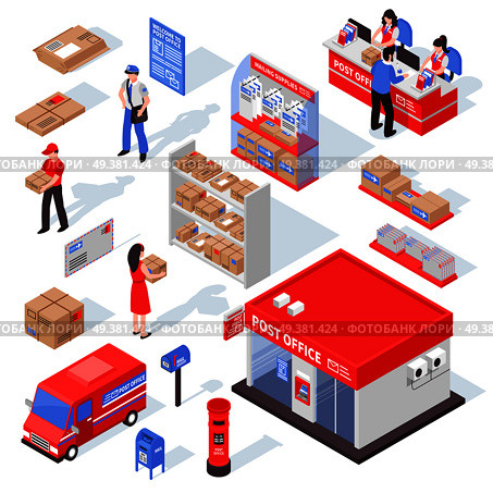 Post service isometric set with postman  recipient forwarding agent figurines racks with parcels and correspondence isolated vector illustration.  Post Service Isometric Set. Стоковая иллюстрация, агентство Ingram Publishing / Фотобанк Лори