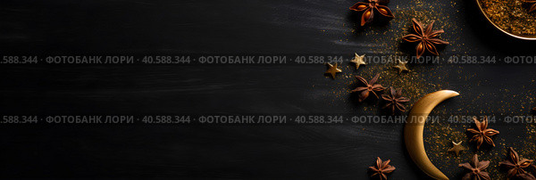 Postcard for the holiday Eid al ad ha. Month and stars, lanterns on a dark background. With Generative AI technology. Стоковое AI-изображение, AI-художник Мария Фадеева / Фотобанк Лори