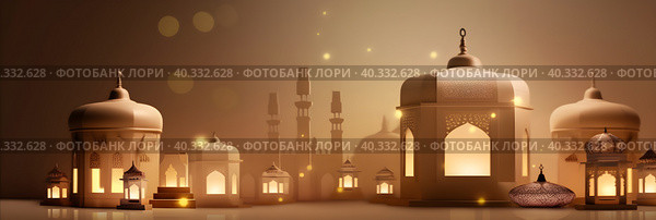 Postcard for the holiday Eid al adha. Mosques and minarets, lanterns on a beige background. With Generative AI tehnology. Стоковое AI-изображение, AI-художник Мария Фадеева / Фотобанк Лори