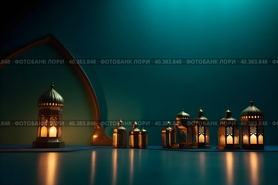 Postcard for the holiday Eid al adha. Mosques and minarets, lanterns on a dark background. With Generative AI tehnology. Стоковое AI-изображение, AI-художник Мария Фадеева / Фотобанк Лори