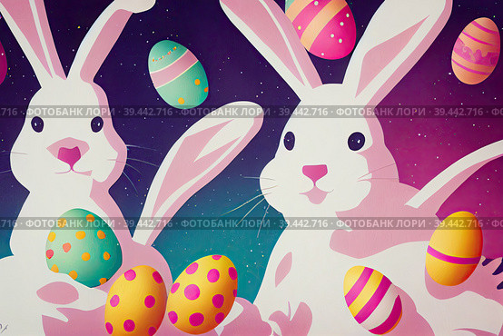 Postcard quirky and humorous surreal Easter bunnies with a twist. Set against a vibrant purple background, bunnies  Reinterpretation of the classic Easter theme gives the postcard. Стоковое AI-изображение, AI-художник Владимир Разгуляев / Фотобанк Лори
