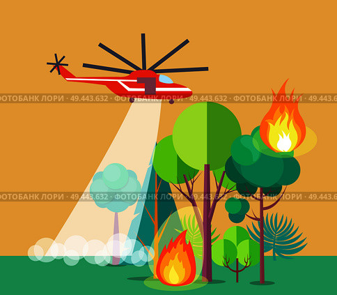 Poster showing wildfire. Vector illustration of red-and-white helicopter trying to extinguish blazing forest against light brown backdrop. Poster of Helicopter Extinguishing Wildfire. Стоковая иллюстрация, агентство Ingram Publishing / Фотобанк Лори