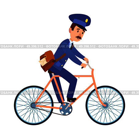 Postman cartoon character in blue uniform delivering letter flat vector illustration isolated on white background. Mailman with mailbag riding on bicycle. Mustached postal courier with mail icon. Стоковая иллюстрация, агентство Ingram Publishing / Фотобанк Лори
