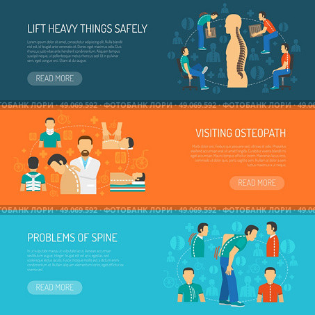 Posture Flat Horizontal Banner Set . Posture flat horizontal banner set of spine problems visiting osteopath and safely lifting weights vector illustration . Стоковая иллюстрация, агентство Ingram Publishing / Фотобанк Лори