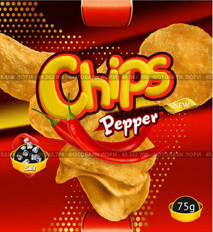 Potato chips. Pepper flavor. Design packaging, 3d vector template. Стоковая иллюстрация, агентство Ingram Publishing / Фотобанк Лори