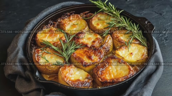 Potato. Roasted potatoes with rosemary and sea salt on dark gray concrete background. Golden oven baked baby potatoes with crispy seasoning in a modern ceramic bowl. Close up. Christmas dinner. Стоковое AI-видео, аниматор Марина Демидюк / Фотобанк Лори