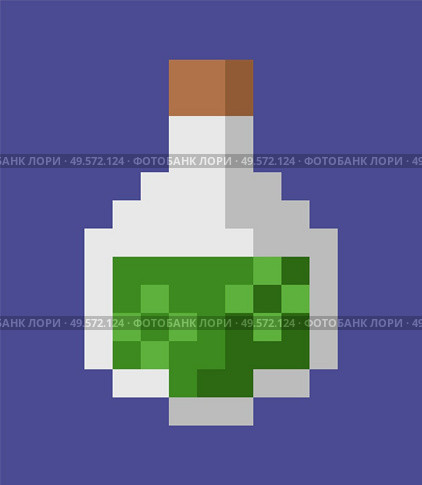 Potion in bottle vector, isolated icon of flask elixir for healing and curing flat style chemical in glass, 8-bit game design, pixel graphics wizard symbol. Pixeleted object for video-game or app 8bit game. Potion in Glass Bottle, Pixel Art Game Icon Vector. Стоковая иллюстрация, агентство Ingram Publishing / Фотобанк Лори