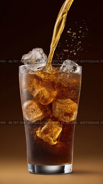 Pouring carbonated drink into glass with ice cubes on brown background. Стоковое AI-изображение, AI-художник Юрий Поздников / Фотобанк Лори