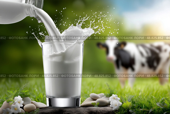 Pouring fresh milk into a glass with a cow grazing in the background. Свежее молоко наливается в стакан, создавая брызги, а на мягком зеленом поле видна пасущаяся корова. Яркий солнечный свет подчеркивает естественную обстановку на открытом воздухе. Стоковое AI-изображение, AI-художник Katsiaryna Repich / Фотобанк Лори