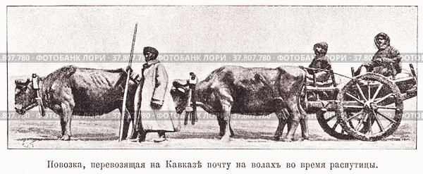 Повозка, перевозящая на Кавказе почту на волах во время распутицы. Иллюстрация из журнала "Московский листок" 1902 года. Стоковая иллюстрация, иллюстратор Макаров Алексей / Фотобанк Лори