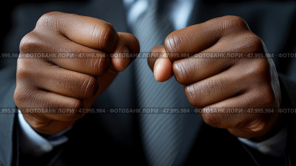 Powerful fists of a suited individual show strength and determination, highlighting a moment of focus and resolve in a business environment. Стоковое AI-изображение, AI-художник Данила Большаков / Фотобанк Лори