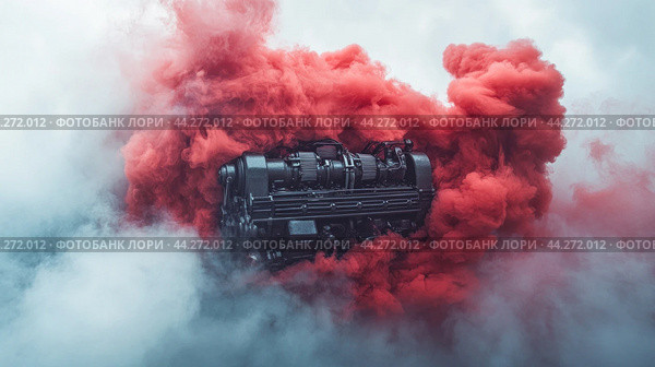 Powerful red v8 engine starting and making red smoke. Стоковое AI-изображение, AI-художник Юрий Поздников / Фотобанк Лори
