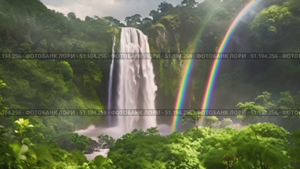 Powerful waterfall cascades down rocky cliff, with a vibrant rainbow shimmering in the middle of the water. The sunlight refracts through the mist, creating a stunning natural phenomenon. Стоковое AI-видео, аниматор Данила Большаков / Фотобанк Лори