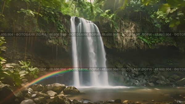 Powerful waterfall cascades down rocky cliffs, with vibrant rainbow forming in middle of rushing water, creating stunning natural spectacle. Стоковое AI-видео, аниматор Данила Большаков / Фотобанк Лори