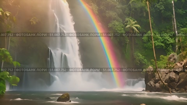 Powerful waterfall with vivid rainbow in its midst, showcasing beauty of natures forces combining. Стоковое AI-видео, аниматор Данила Большаков / Фотобанк Лори