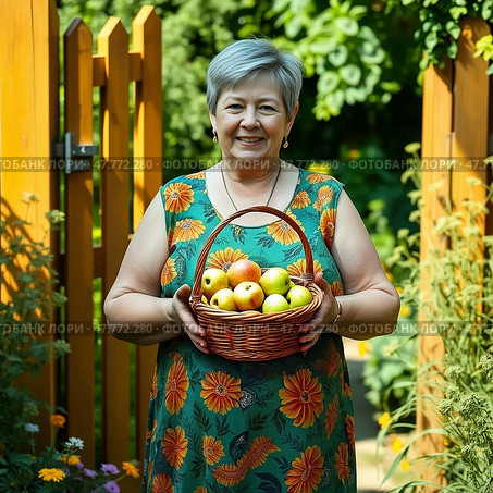 Пожилая  женщина собрала урожай яблок , выращенный в своем саду в деревне. Стоковое AI-изображение, AI-художник Эссе / Фотобанк Лори